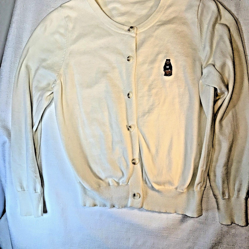 WHO.A.U Women's Round Neck Cream Cardigan S Embroidered Bear Cotton